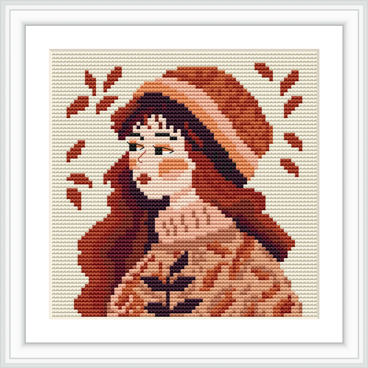 The image features a side profile of a girl with long brown hair, wearing a brown hat and a sweater with leaf patterns. Brown leaves are sprinkled around her, against a beige background.