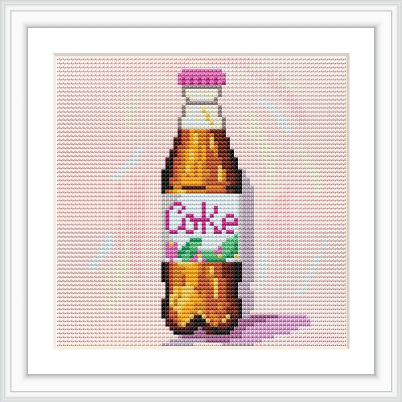 A single cola bottle with a pink cap and a colorful label, set against a light pink background.