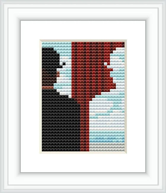 A silhouette of a man wearing a hat is shown at the left side of the image. It contrasts against a bright background and faces a white, abstract shape with red vertical stripes, appearing as a reflection or another figure.