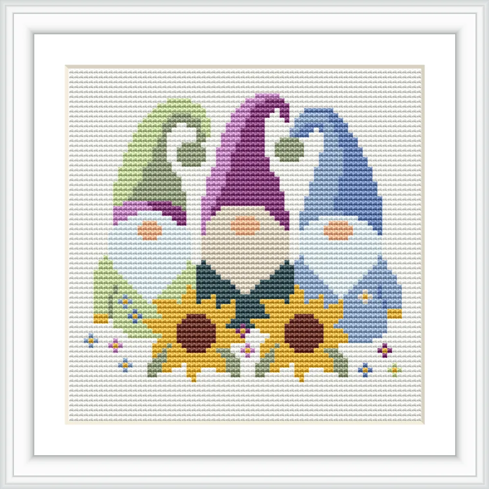The image depicts three gnomes standing side by side. Each gnome has a differently colored hat: green, purple, and blue. Behind the gnomes, there are two large sunflowers, and small colorful flowers are scattered around.