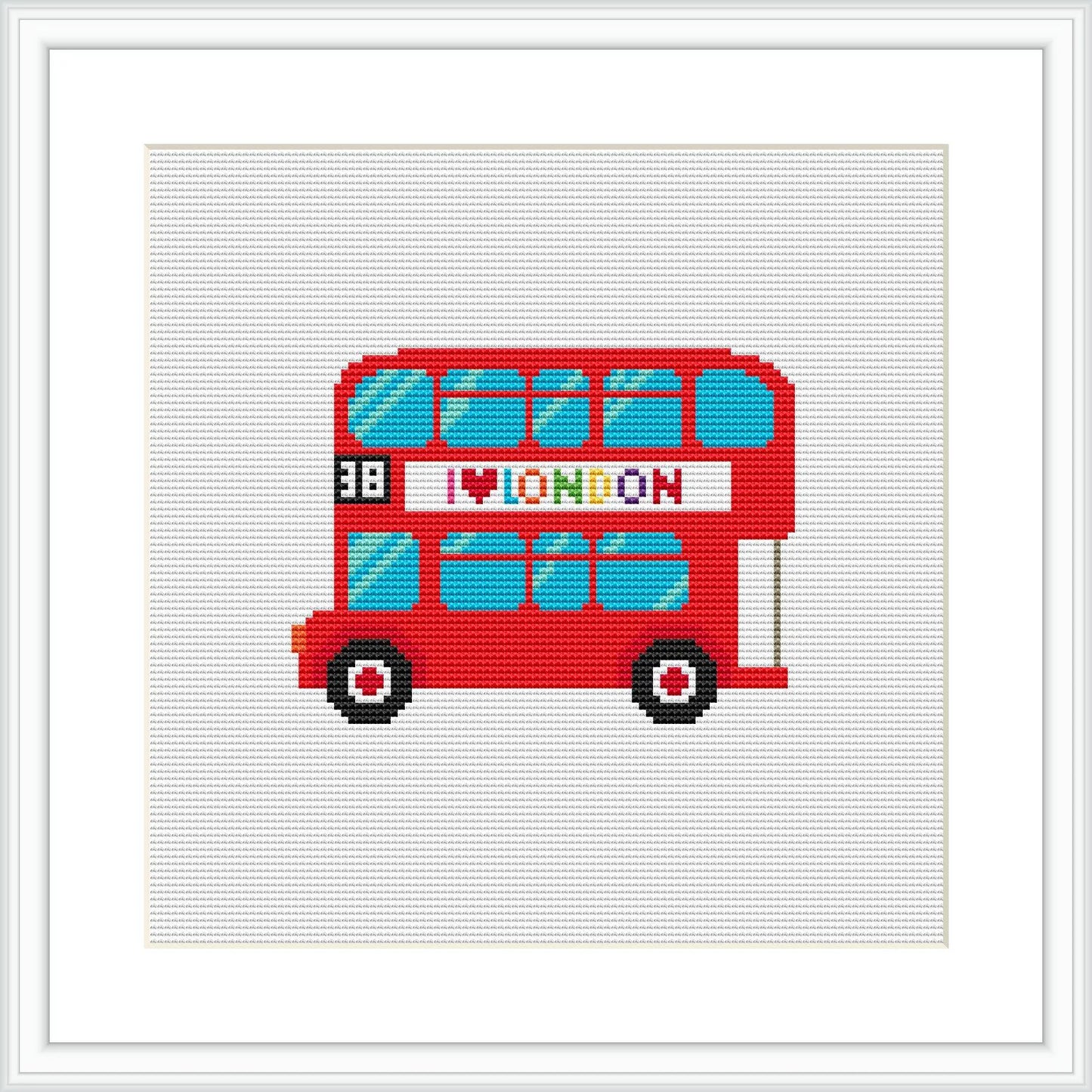 The image features a red double-decker London bus with the word 'LONDON' on the side, centered on a white background with a simple black frame.