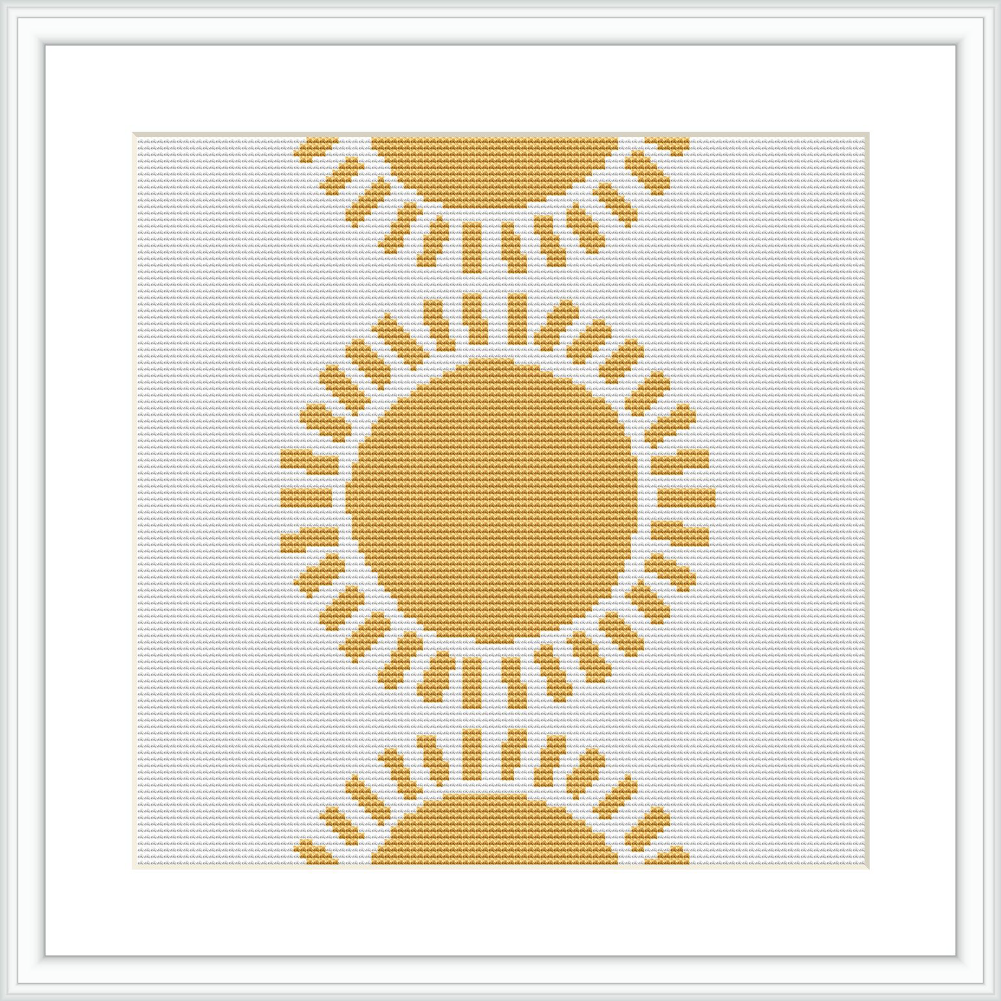 The image presents a cross stitch pattern featuring a central circular motif representing the sun, surrounded by emanating rays. The design is rendered in shades of yellow and white, creating a radiant appearance.