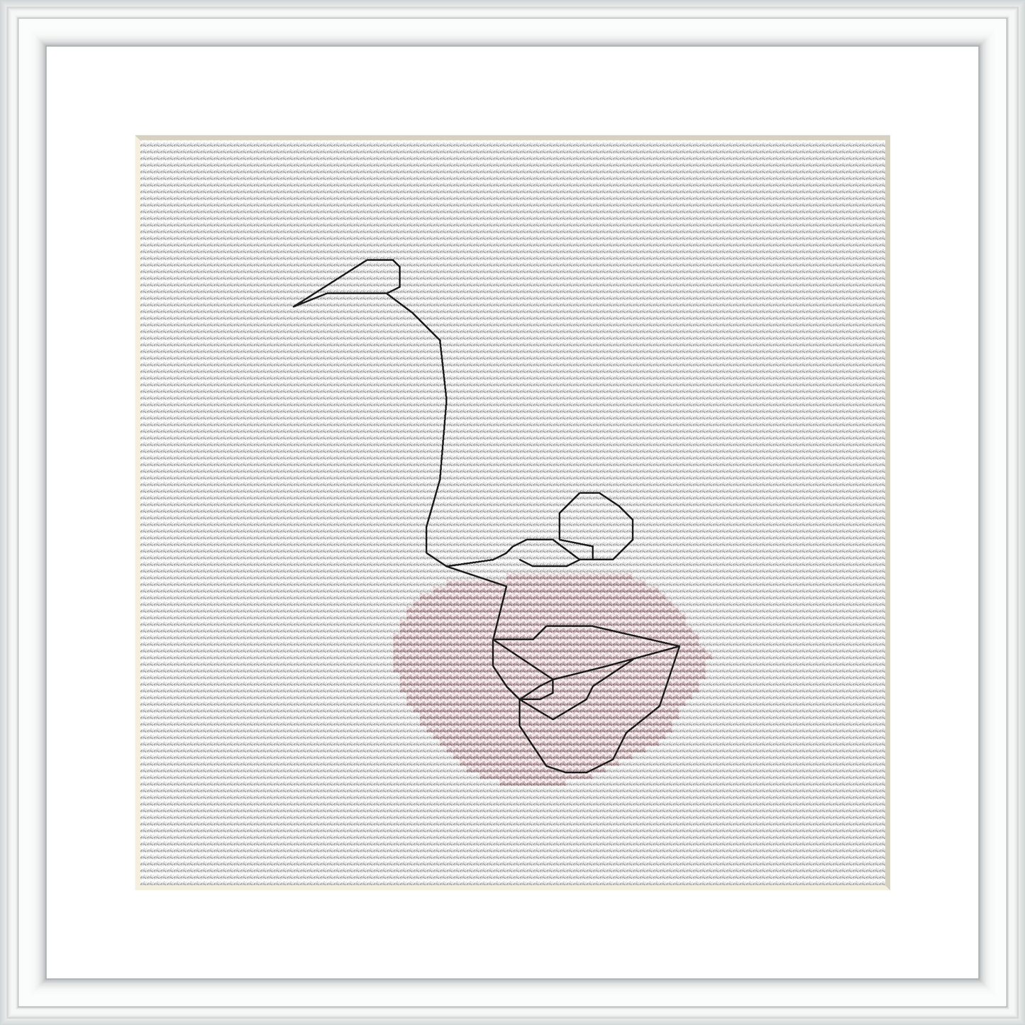 A framed cross stitch pattern featuring an abstract one-line feminine silhouette centered on a background gridded fabric. The silhouette is overlaid on a circular pink shade, giving the impression of a gentle aura or spotlight on the figure.