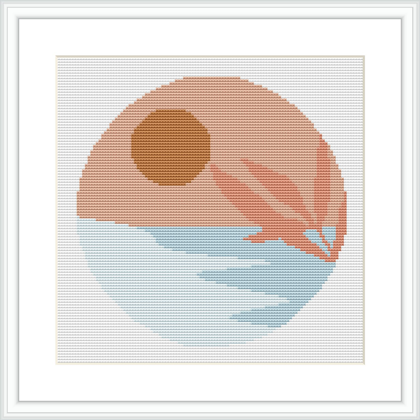 The design features a stylized depiction of a sunrise over water, portrayed with geometric shapes and a gradient of colors. The upper half is a semicircle representing the sun in peach and brown, while the lower half depicts reflective water in shades of blue.