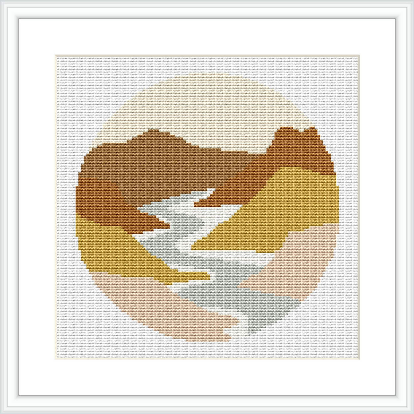 A cross stitch pattern featuring a circular depiction of a river landscape with surrounding mountains. The colors transition smoothly to create a harmonious image. The design is contained within a circular border and presented in a white frame.