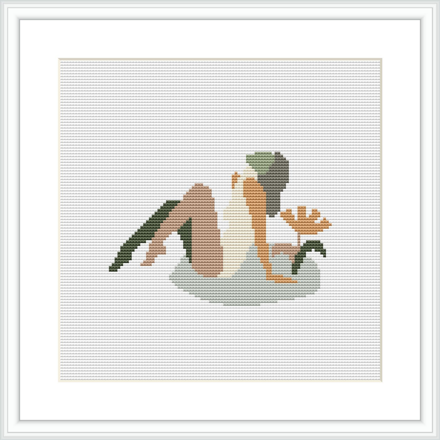 The image displays a framed cross-stitch pattern featuring an abstract representation of a woman sitting in a relaxed pose with a leaf-like pattern in the background.