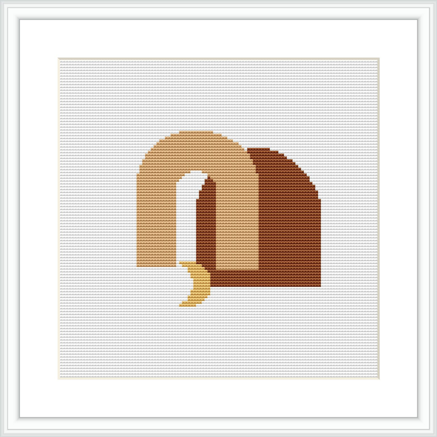 The image shows a framed cross stitch piece with an abstract design composed of geometric shapes in neutral tones such as beige, brown, and pale yellow on a white background.