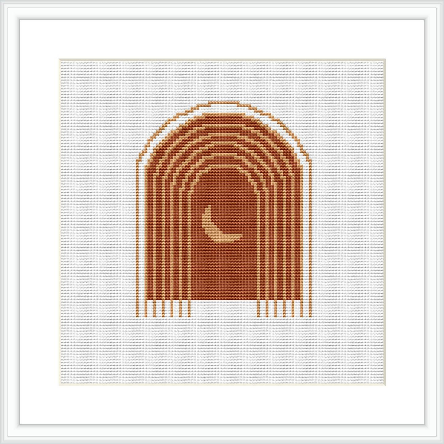 The image depicts a cross stitch pattern framed in white, with a symmetrical arched design centered in warm-toned colors, on a clean white background.