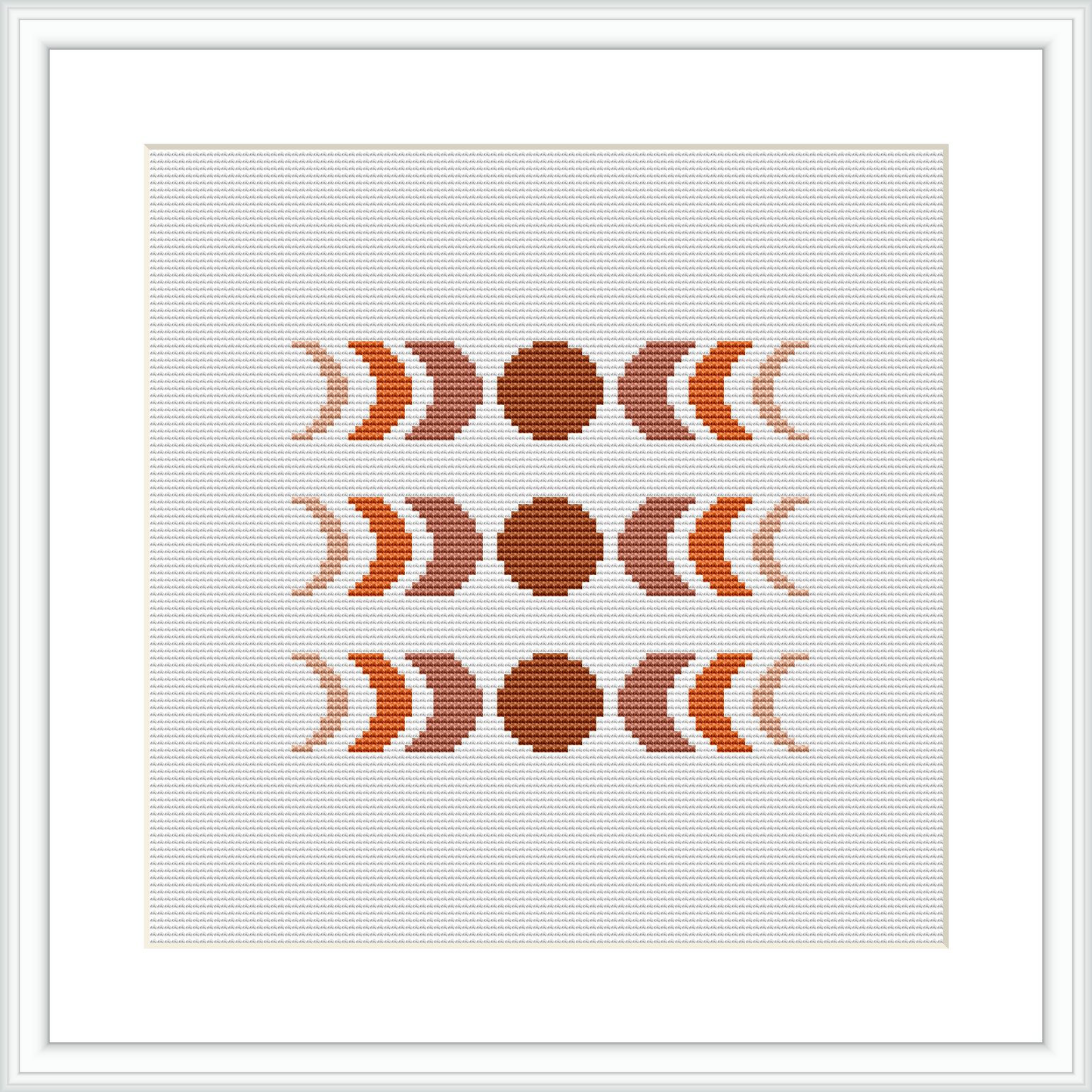 The image shows an abstract cross-stitch pattern comprised of circular and crescent shapes in a symmetrical arrangement. The design uses earthy brown and beige tones, centralized on a squared canvas, framed by a simple white border.