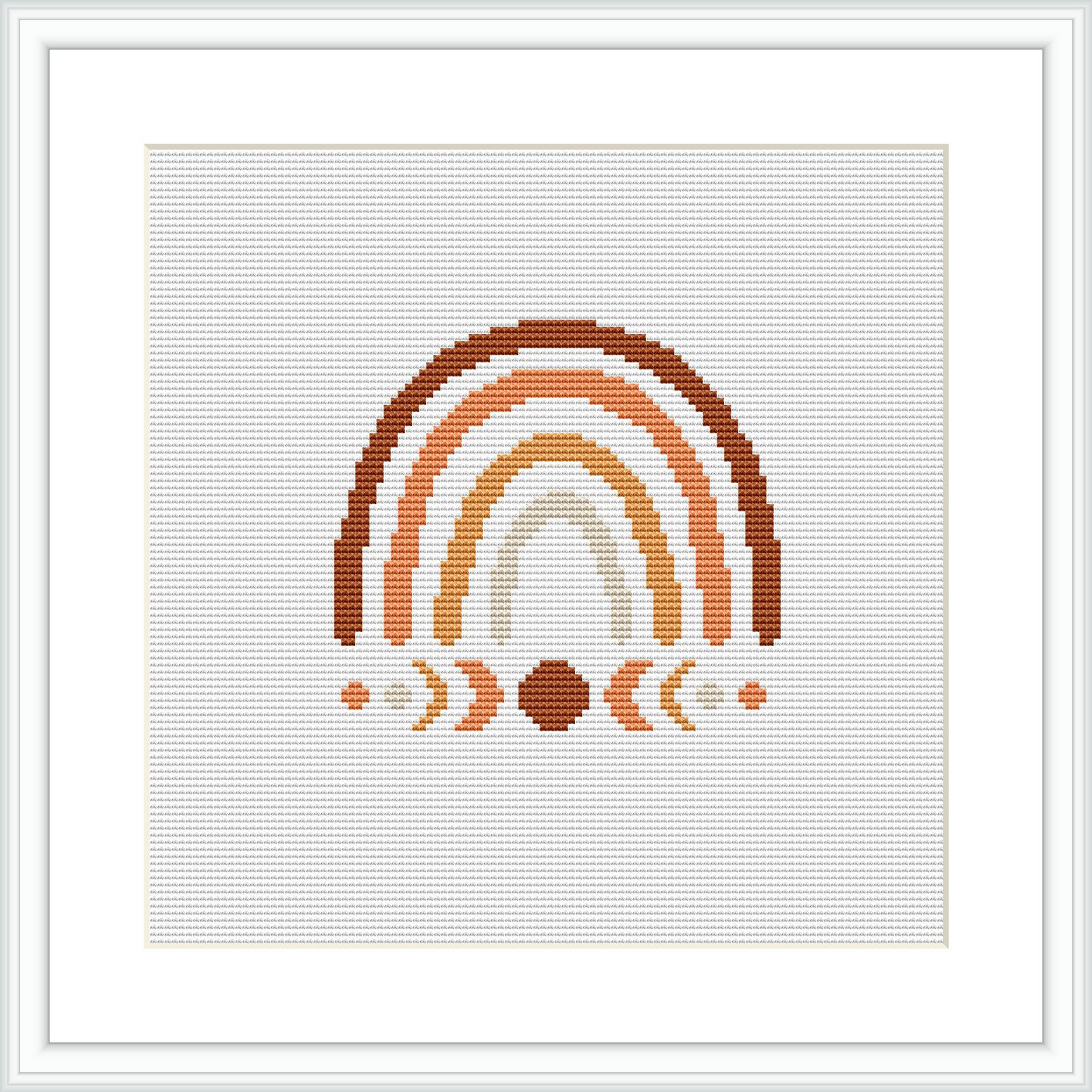 A cross stitch pattern showcasing a stylized plant that resembles a rainbow, with an earthy brown color gradient, made of several arches and dots, all framed within a square border on a neutral background.