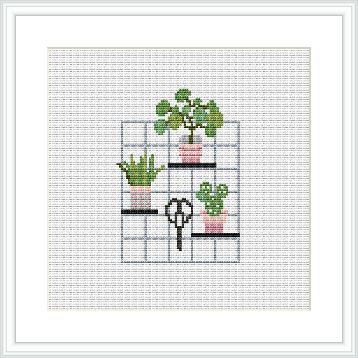 The image shows four shelves arranged in a grid each containing a different indoor plant. The shelves and the background are minimal, with a few pink accents.