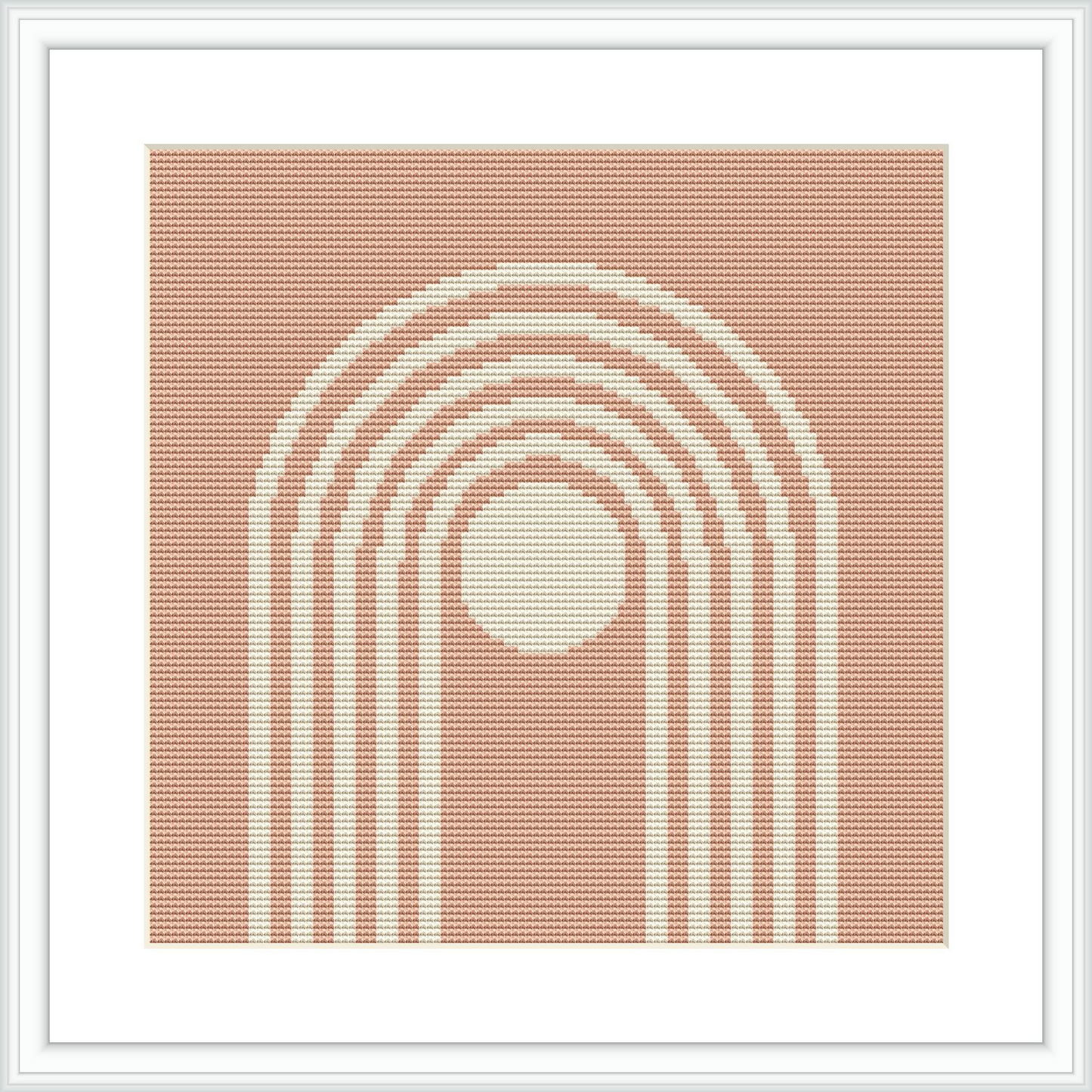The image depicts a cross stitch pattern featuring concentric semicircles creating arch-like shapes on a beige canvas. The pattern is framed by a white border within a larger square frame.