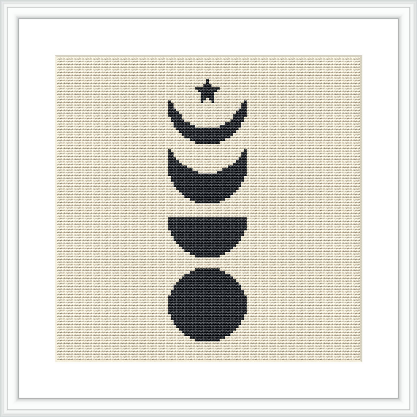 The image depicts a cross stitch pattern with abstract representations of the moon phases in vertical alignment from top to bottom, on a cream fabric background, framed with a simple white border.
