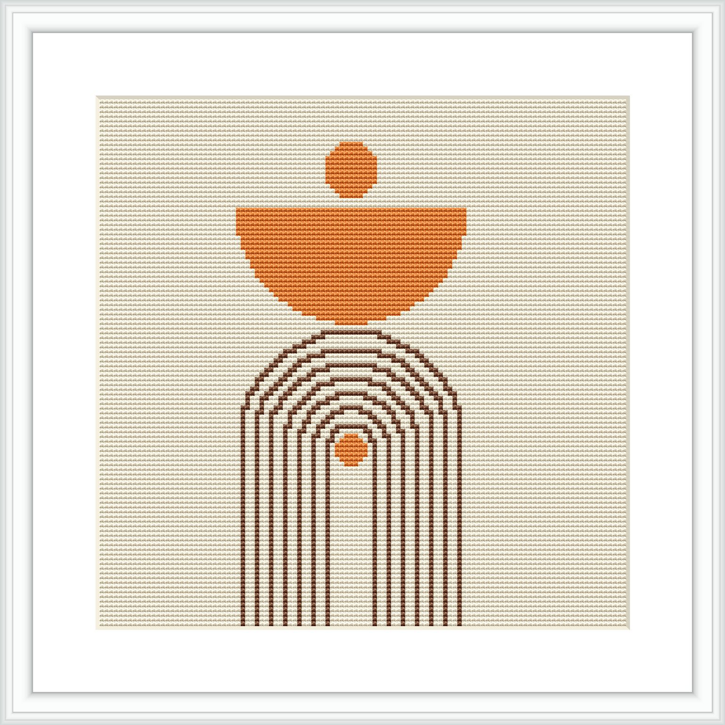 The image shows a cross stitch pattern design that features a minimalist abstract rainbow composed of linear gradients. The rainbow arcs are displayed on a pale background, with the topmost arc supporting a circle, resembling a setting sun or moon above a semicircular horizon.