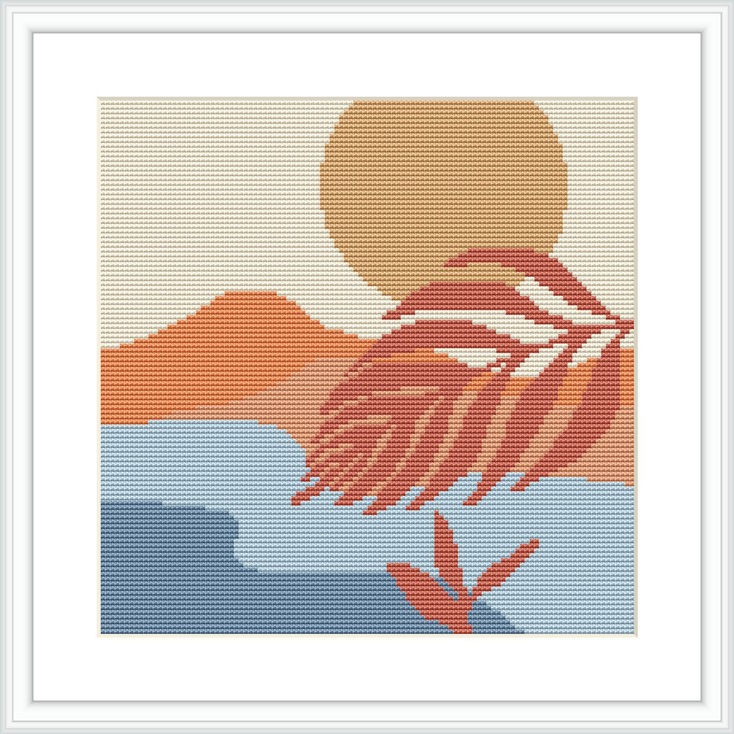 The image depicts an abstract landscape scene with a large sun in the upper right corner, stylized mountains in the middle, water at the bottom, and a minimalist pink plant in the lower left area.