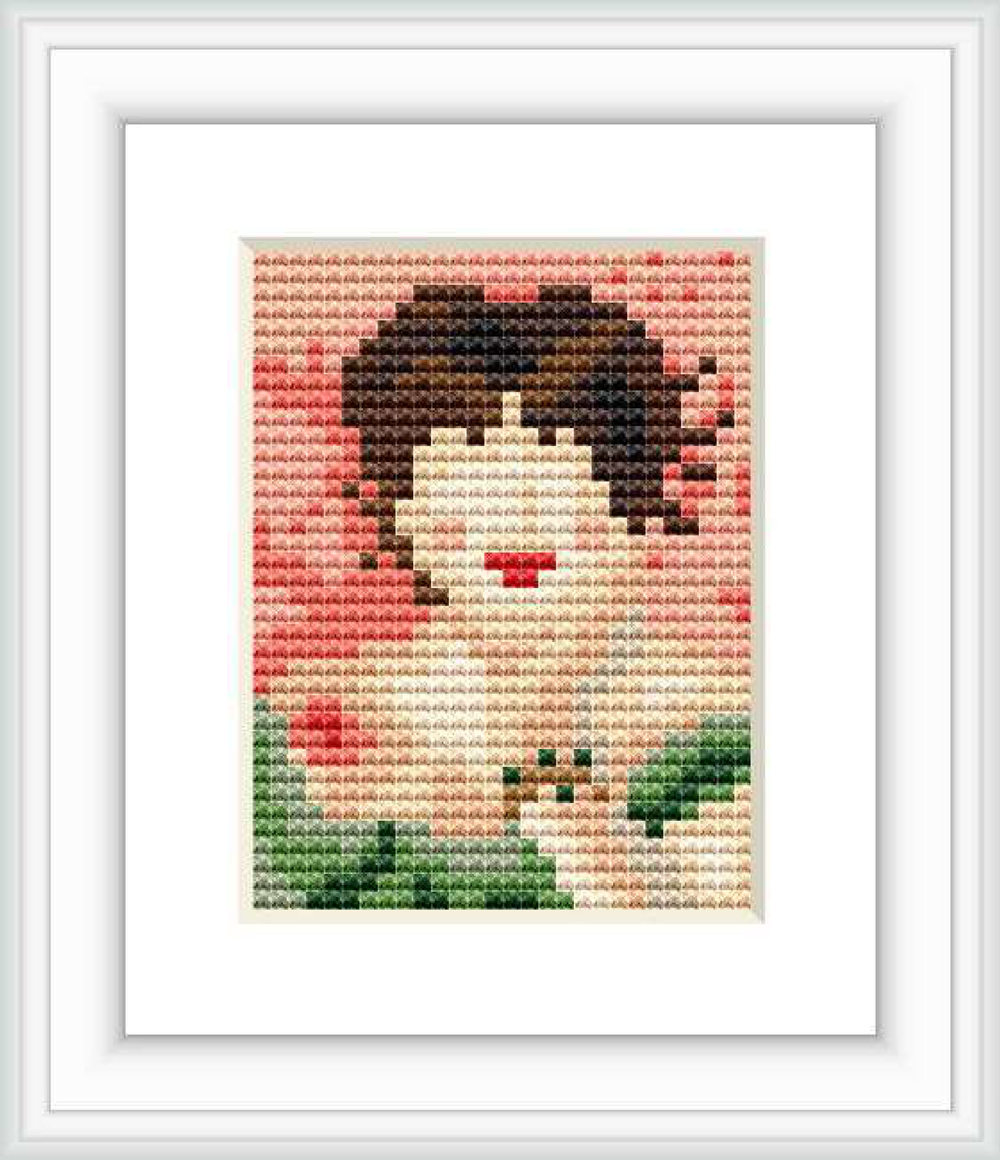 The pattern depicts a stylized portrait of a woman's face surrounded by abstract shapes representing her attire and background, framed within a simple beige border.