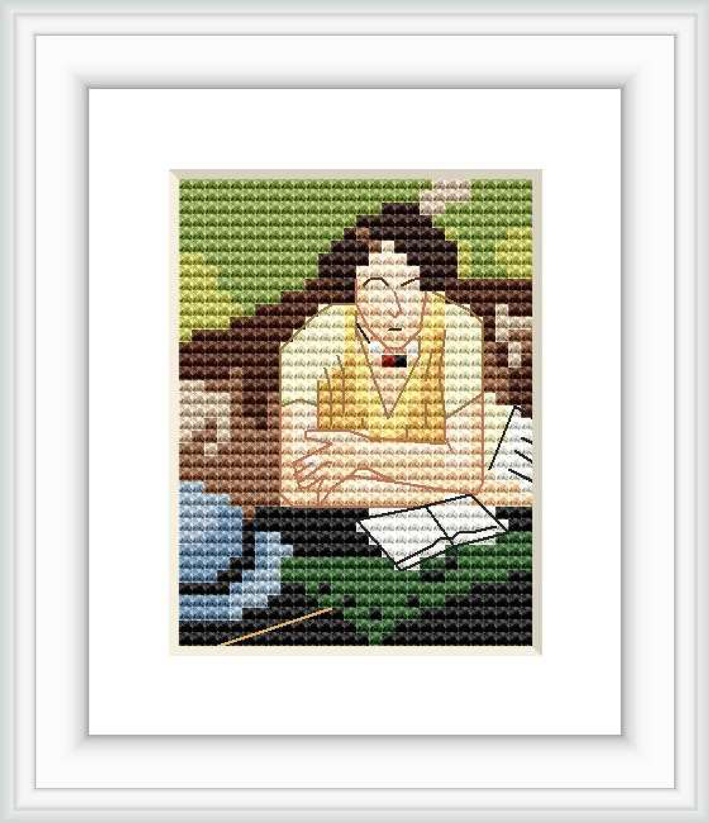 The image shows a pixelated cross stitch pattern of a woman reading. She is seated with a book in her lap and appears to be holding a parasol. The frame is white and the pattern is centered within.