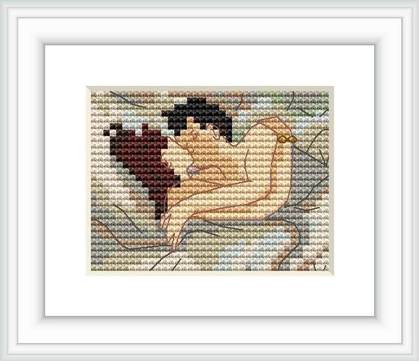 The image depicts a cross stitch pattern representing a couple embracing on a bed, with a focus on closeness and tenderness.