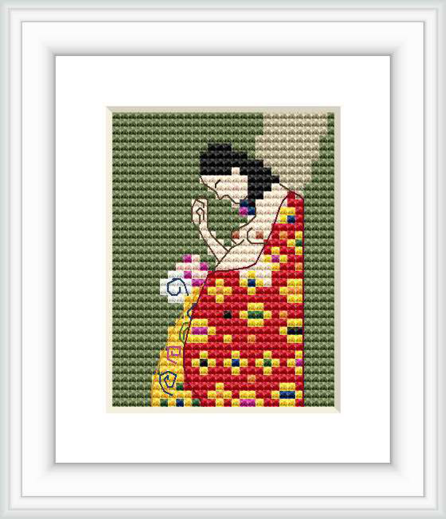 A framed cross stitch pattern showing a seated figure engaged in stitching, set against a patterned background. The figure is wearing a dress with Klimt's distinct mosaic style, and the foreground and background exhibit contrasting color themes.