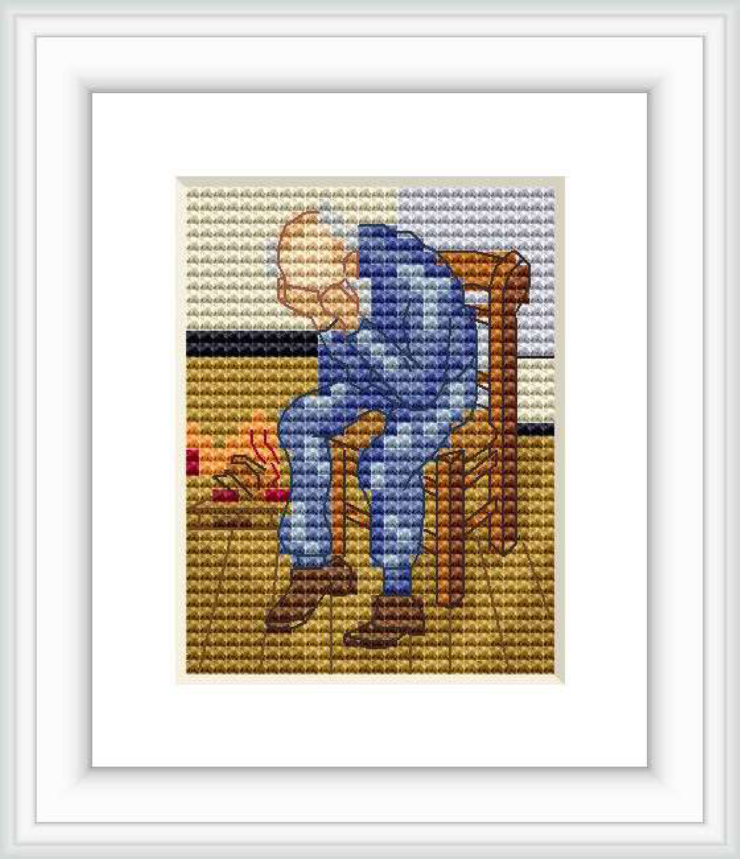 The image depicts a cross stitch pattern of an old man sitting on a wooden chair, facing left with his head bowed and hands clasped. He is wearing a blue outfit and sits before a warm-colored background.