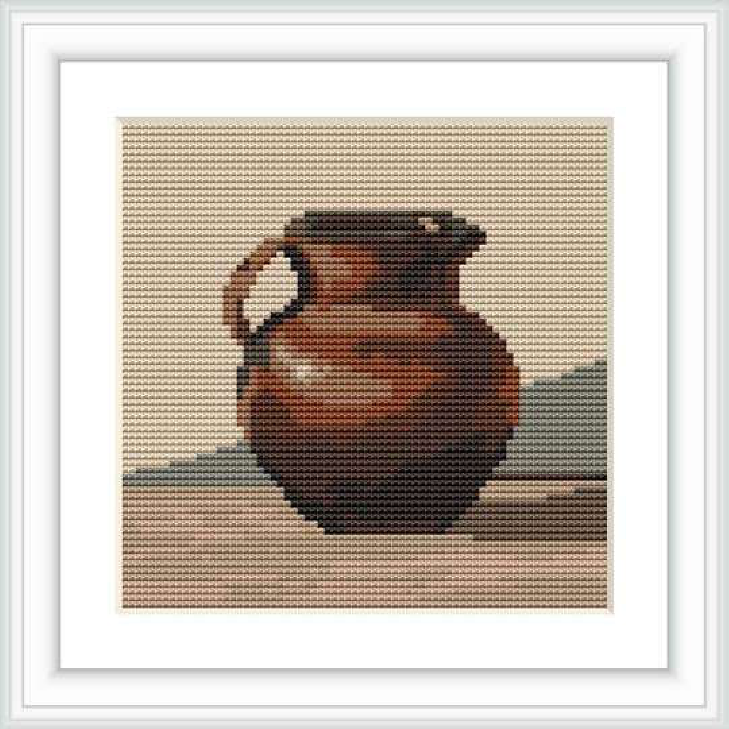 The cross stitch pattern depicts a three-dimensional urn with a rounded belly, narrow neck, and single handle, against a neutral background.