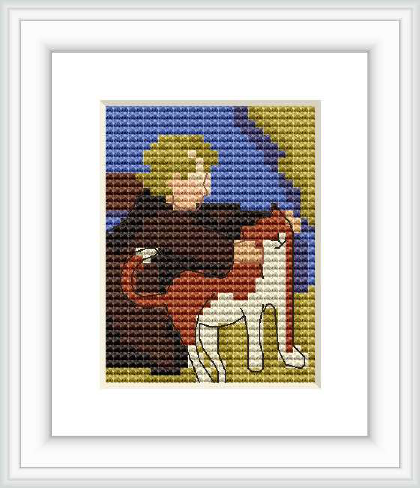 The image displays a small cross stitch pattern depicting a child embracing a cat against a background with varying shades of blue and brown.