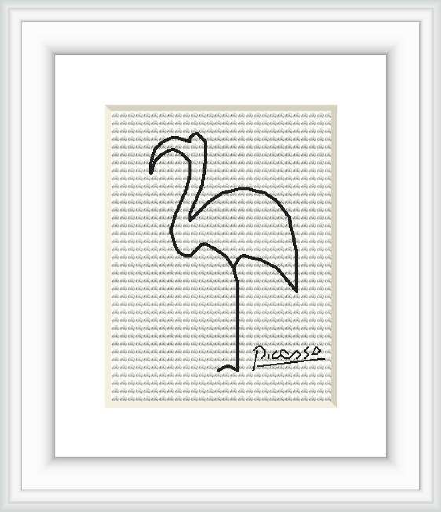The image features a framed cross stitch pattern of a simple, abstract flamingo outline with the signature 'Picasso' at the bottom, against a patterned background within a white frame.