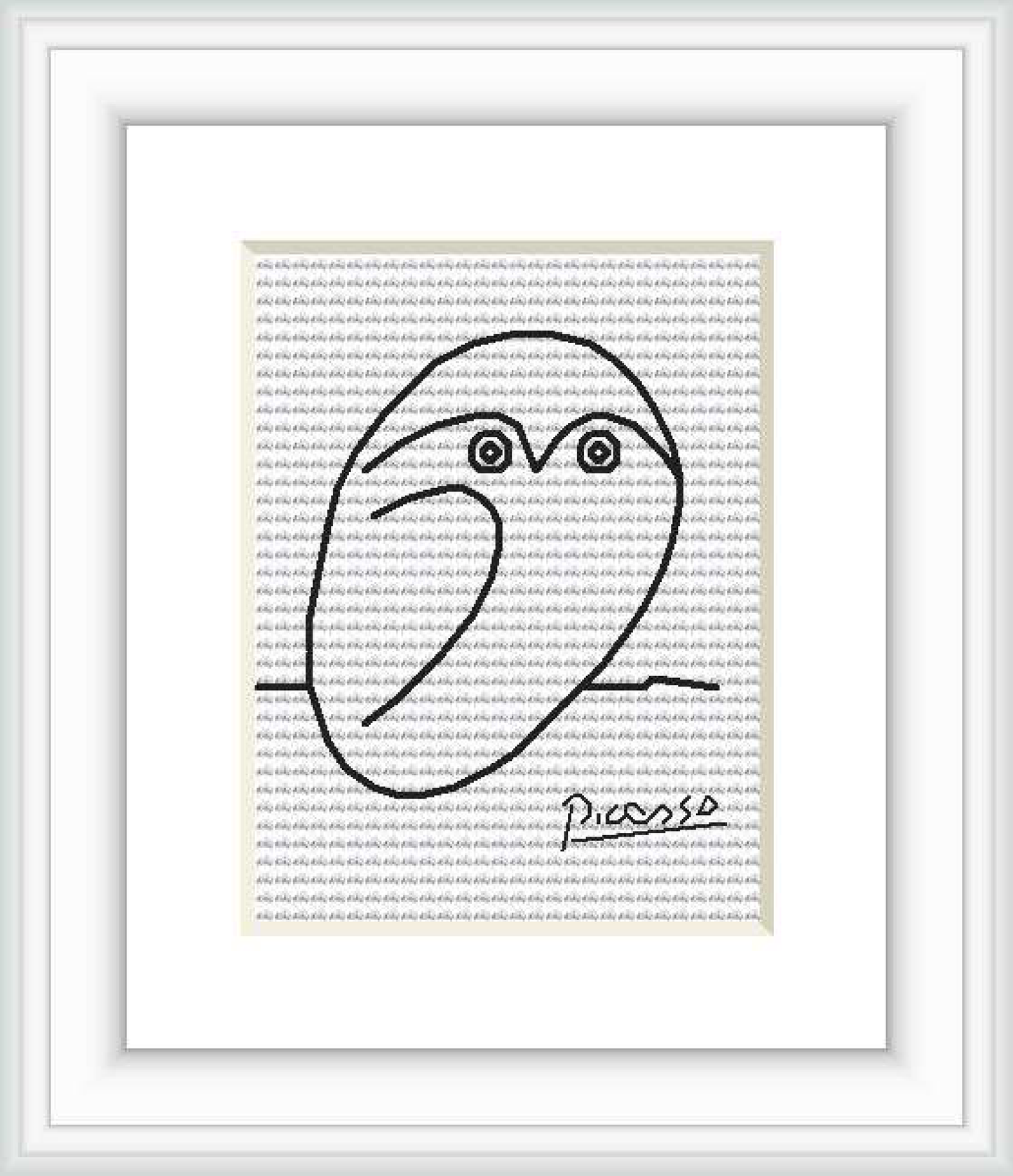 The image shows a framed cross stitch pattern depicting a minimalist outline of an owl, attributed to the style of Pablo Picasso. It features a simple contour drawing of the owl with a signature at the bottom right.