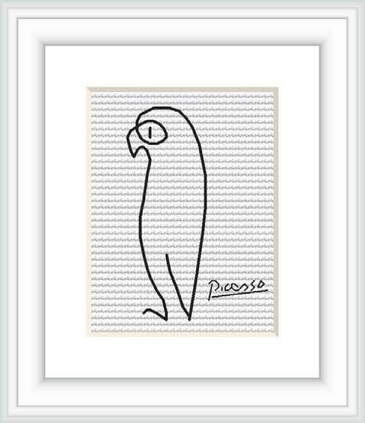 The image showcases a framed cross stitch pattern depicting a simplistic outline of a parrot. The pattern utilizes a monochrome color scheme with dense regular stitches making up the background and a single bold line defining the parrot, which rests in the center of the composition. The artist's signature, 'Picasso', is visible at the bottom right.