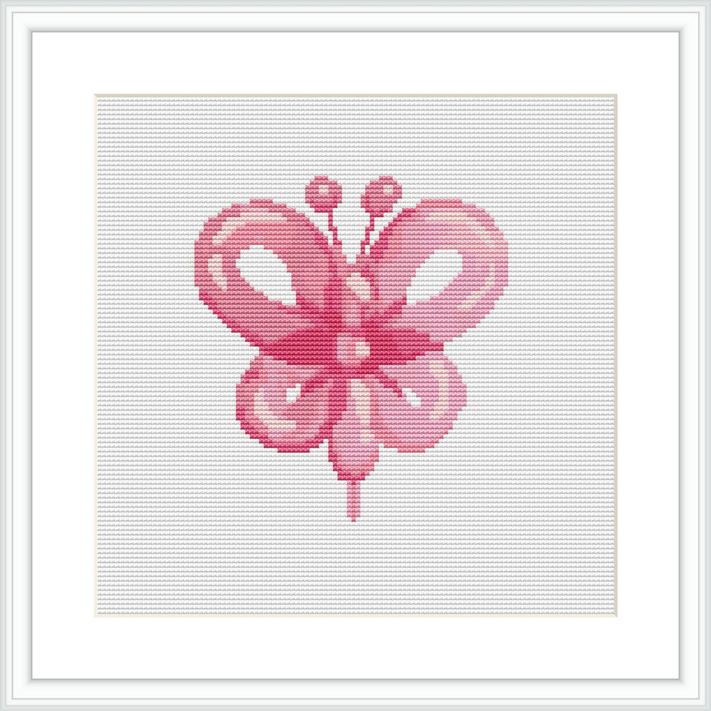 The image depicts a cross-stitched butterfly with a balloon-like appearance, centered on a neutral background.