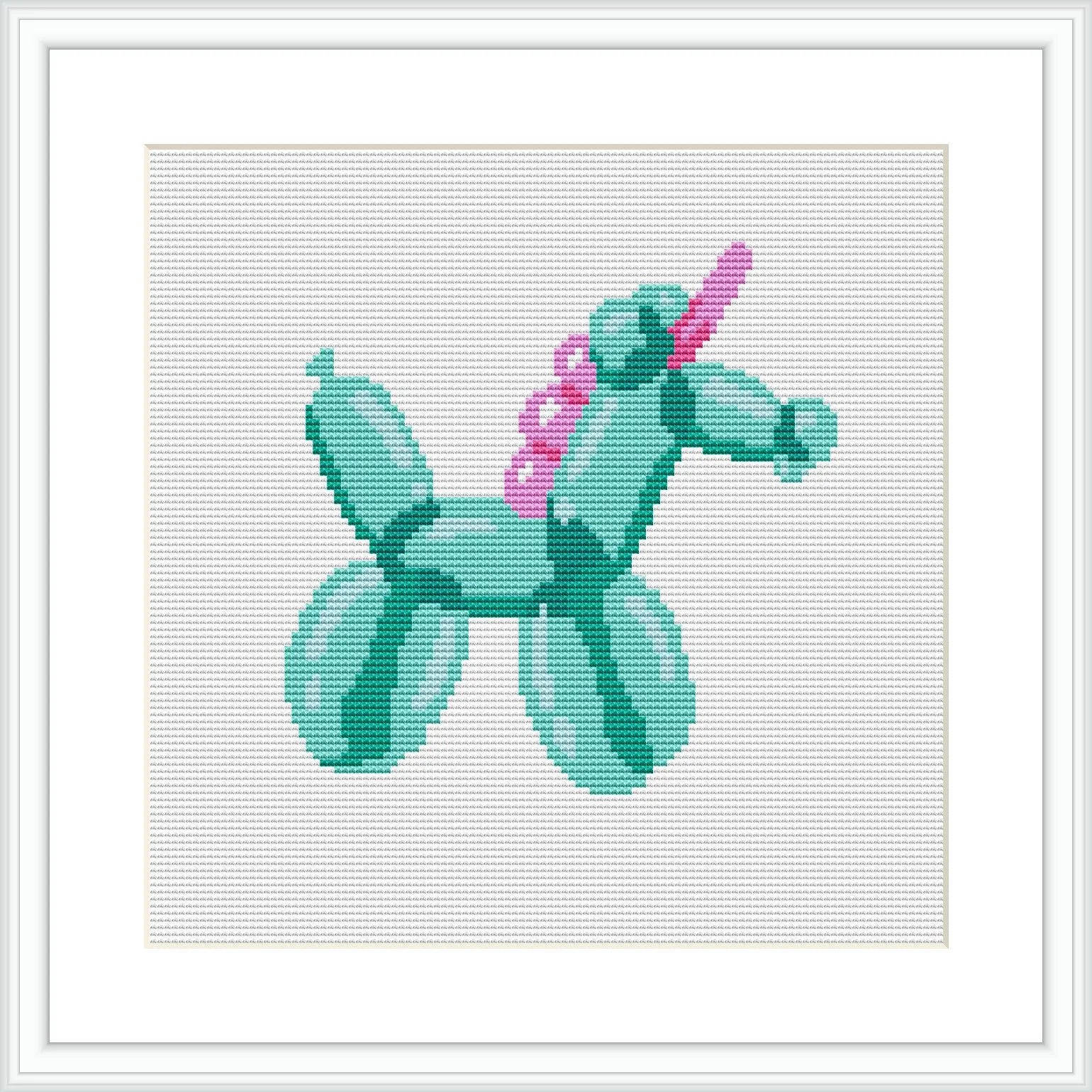 The image features a balloon animal shaped like a unicorn, crafted in shades of mint green and teal with a pink mane, centered within a square frame.