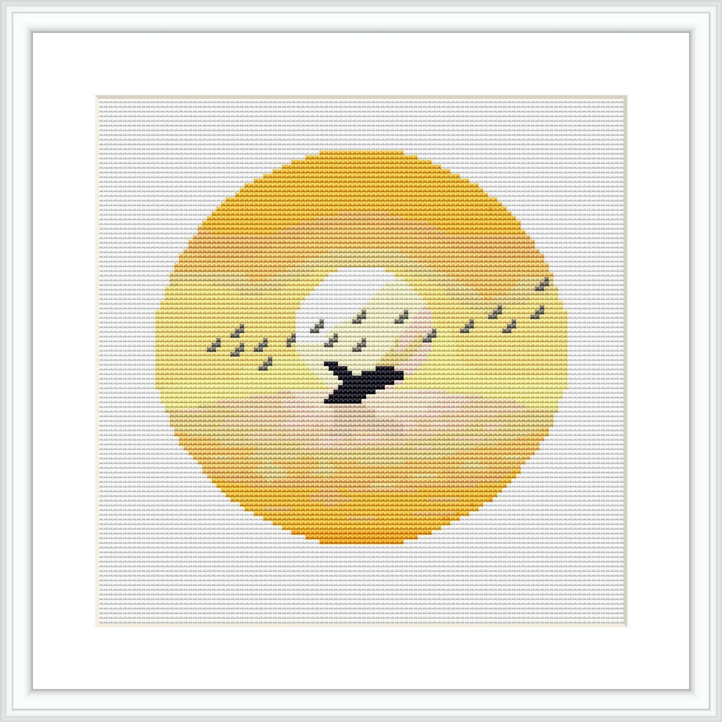 The image features a central circle with a gradient from yellow to orange, simulating a sunset. Inside the circle there is a silhouette of a body of water with five birds flying above it.