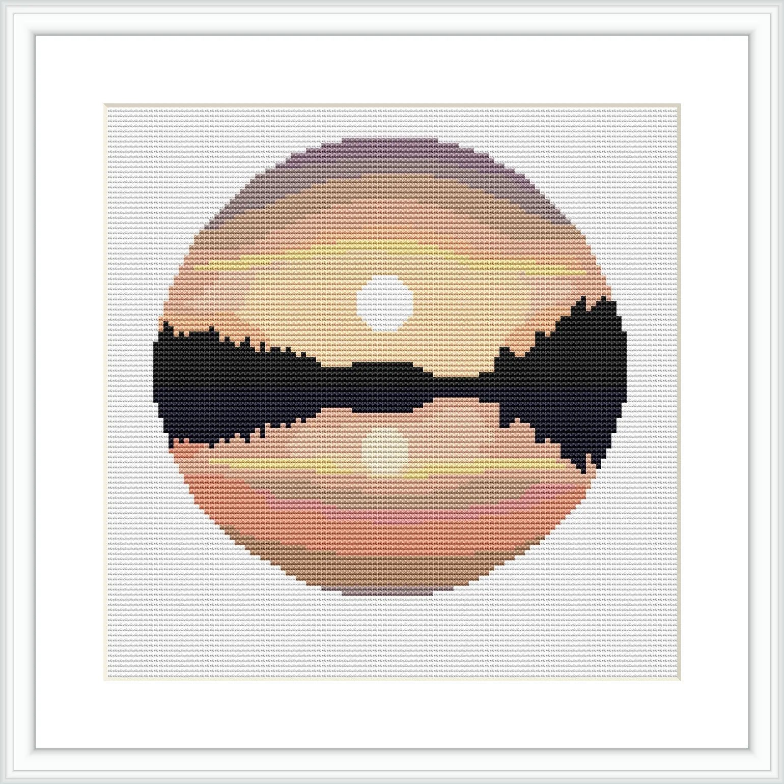 A stylized representation of a river at sunset in a circular frame with the top half displaying warm sunset colors and the lower half showing the river's reflection, all rendered in a cross stitch design encased within a square frame.