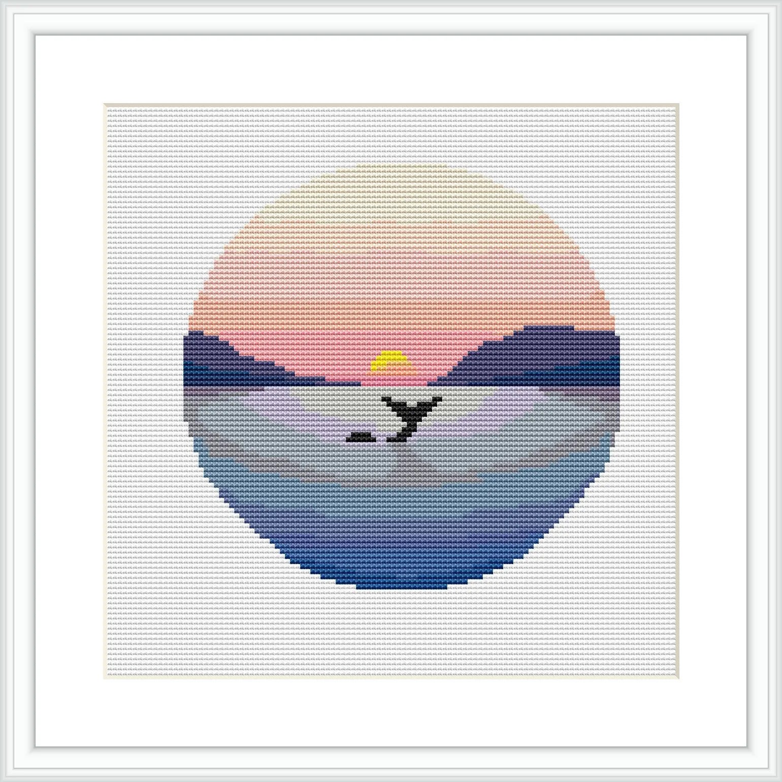 This cross stitch pattern features a circular design with a stylized landscape consisting of a mountain silhouette at the bottom, a sky transitioning from purple to pink to yellow hues, and a single bird flying towards a central, setting sun.