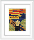 The image shows a simplified interpretation of 'The Scream' with a figure on a bridge, vibrant swirling sky, and dramatic use of colors.