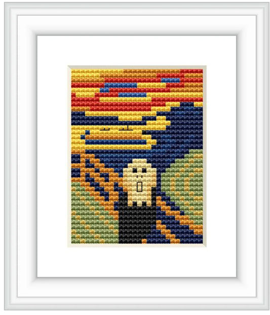 The image shows a simplified interpretation of 'The Scream' with a figure on a bridge, vibrant swirling sky, and dramatic use of colors.
