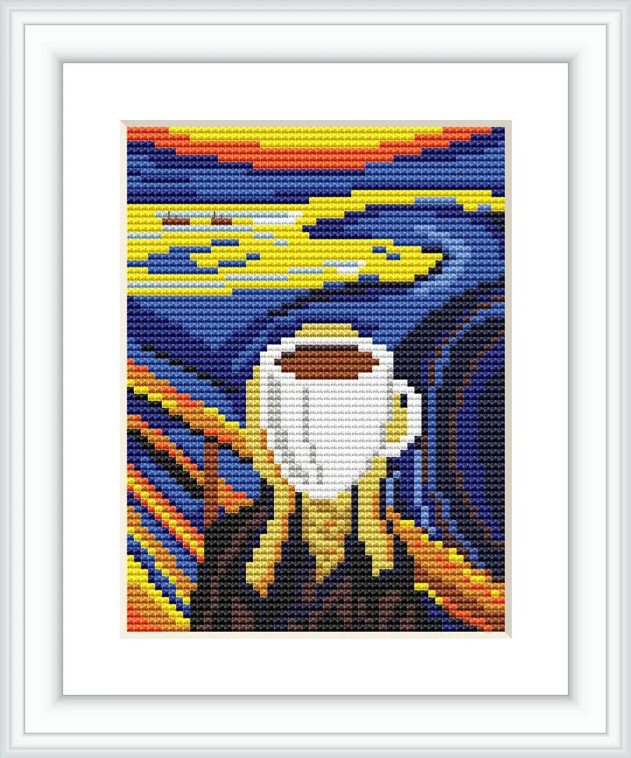 The image depicts a parody of Edvard Munch's 'The Scream', where the figure's head is replaced by a coffee cup. The background includes the iconic swirling sky and bridge from the original painting.