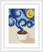 A steaming coffee cup below a swirling starry sky reminiscent of Van Gogh's Starry Night.