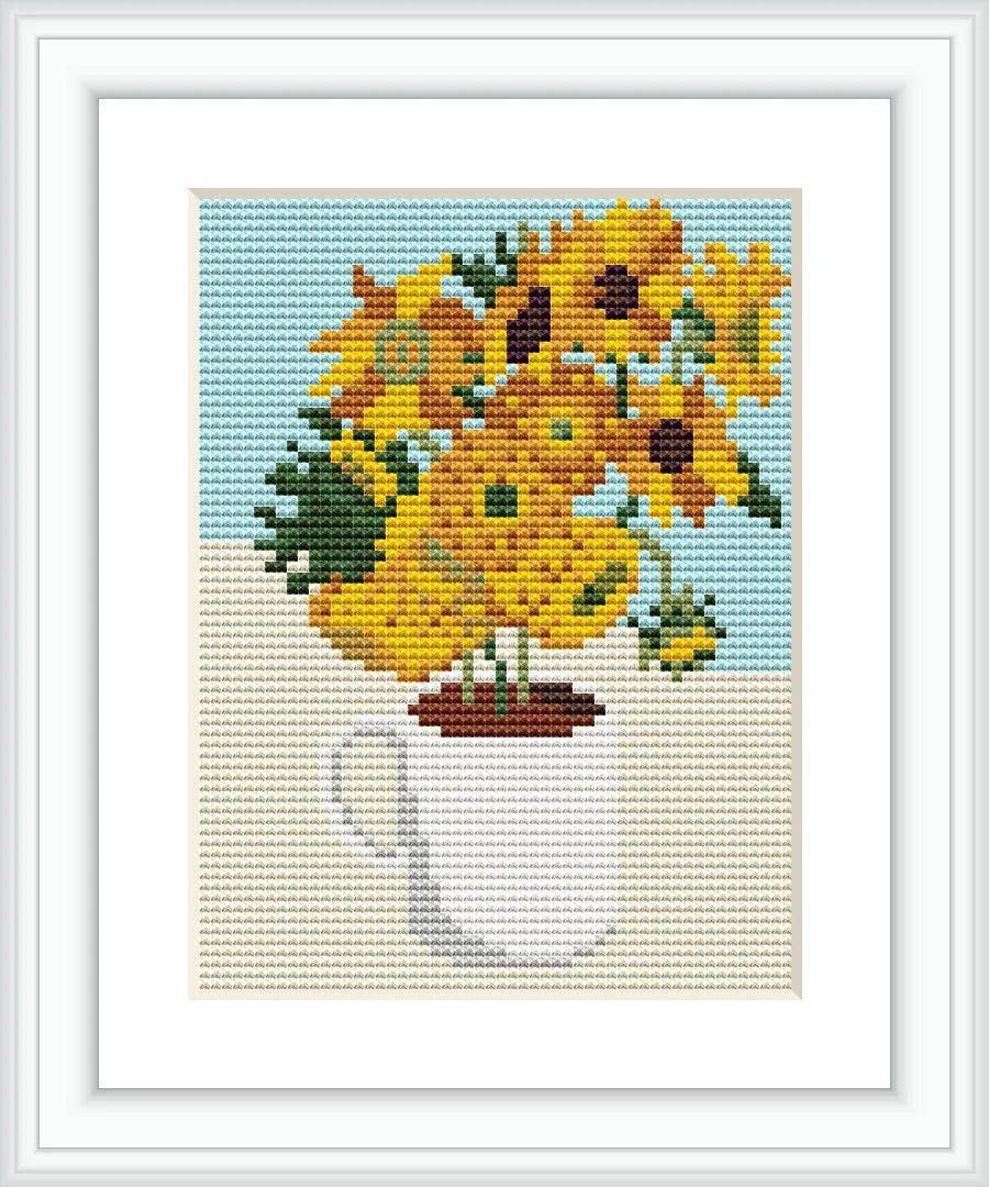 The image shows a white coffee mug placed on a surface, filled with a bouquet of bright yellow sunflowers. The background is a light blue color, suggesting a bright and sunny environment.