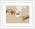 The image depicts two hands extending towards each other with a steaming cup of coffee in between. The background is beige, and the hands are detailed in brown shades, reminiscent of Michelangelo's famous 'Creation of Adam'.