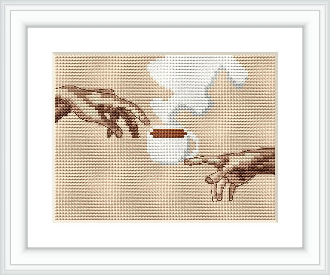 The image depicts two hands extending towards each other with a steaming cup of coffee in between. The background is beige, and the hands are detailed in brown shades, reminiscent of Michelangelo's famous 'Creation of Adam'.