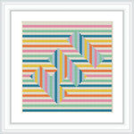 The image features a framed cross stitch pattern with a series of horizontal stripes in varying pastel colors intersected by sharp, geometric lines also in various colors creating a dynamic abstract design.