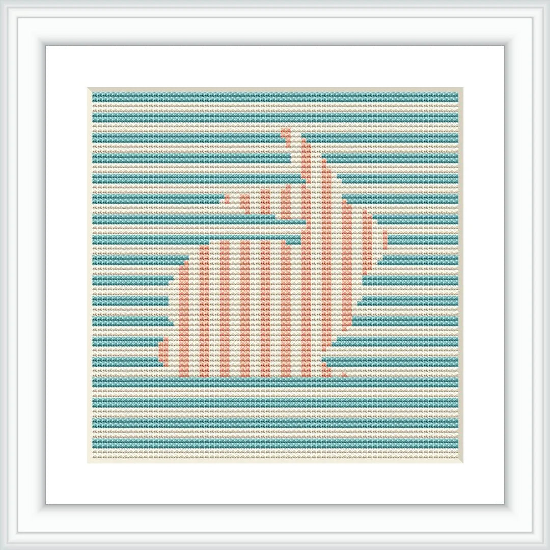 A framed cross stitch pattern depicting a right-facing bunny silhouette with horizontal stripes in turquoise and salmon pink. The pattern is set against a soft blue background and framed in white.