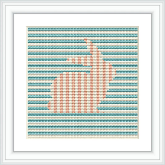 A framed cross stitch pattern depicting a right-facing bunny silhouette with horizontal stripes in turquoise and salmon pink. The pattern is set against a soft blue background and framed in white.