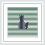 The image depicts a framed cross stitch pattern with a silhouette of a cat. The background is composed of horizontal green and white stripes. The cat is centered and defined by the absence of stripes, creating a contrasting striped silhouette.