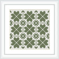 The image presents a framed cross stitch pattern consisting of multiple green clover motifs arranged in a symmetrical grid on a white background.