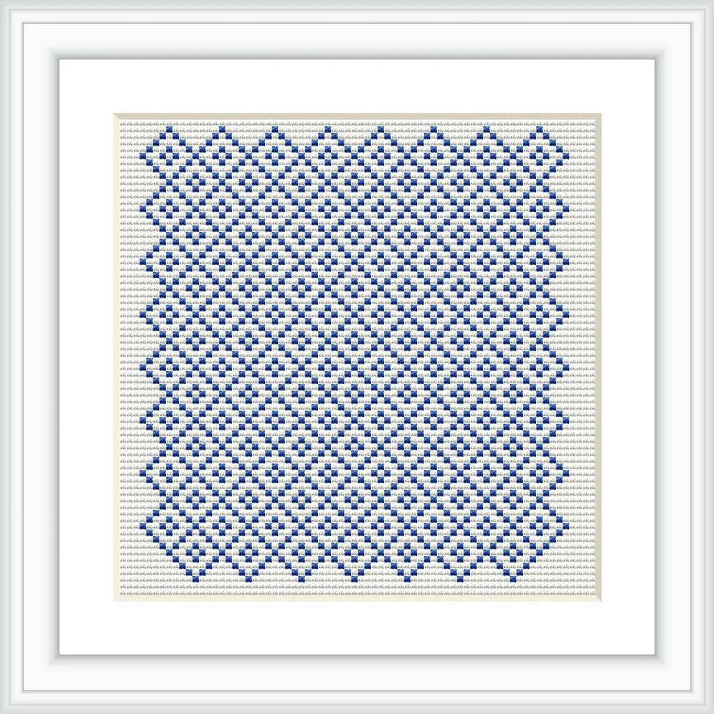 The image showcases a cross stitch embroidery pattern framed in white. It features a geometric design composed of blue stitches on an off-white canvas, creating a tiled effect.