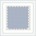 The image showcases a cross stitch embroidery pattern framed in white. It features a geometric design composed of blue stitches on an off-white canvas, creating a tiled effect.