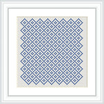 The image showcases a cross stitch embroidery pattern framed in white. It features a geometric design composed of blue stitches on an off-white canvas, creating a tiled effect.