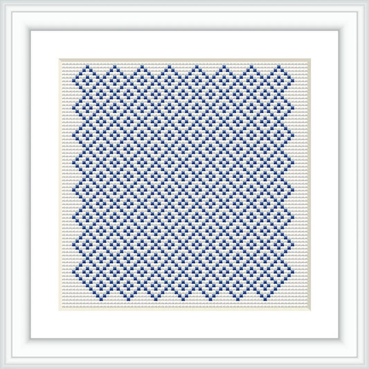 The image showcases a cross stitch embroidery pattern framed in white. It features a geometric design composed of blue stitches on an off-white canvas, creating a tiled effect.